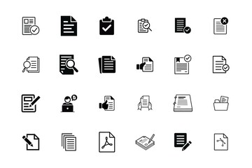 Collection of black and white document icons representing various file management and paperwork tasks for business and personal use