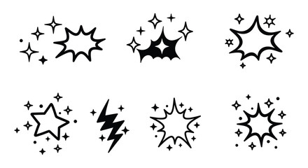 Collection of black cartoon explosion and sparkle effects on white background