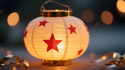 Illuminated Paper Lantern with Red Stars on a Festive Background