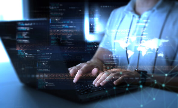 Agile programming and DevOps technology. Programmer working with computer code. System engineer and programming digital development. IT operations concept.Software development updating.	
