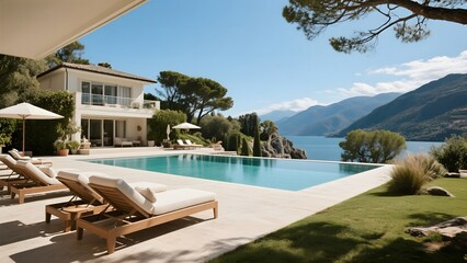Fototapeta premium Luxury Villa with Pool Overlooking a Scenic Lake and Mountains