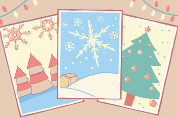 Hand drawn set of Whimsical Christmas Postcards Depicting Snowy Landscapes And Festive Trees winter snowflake