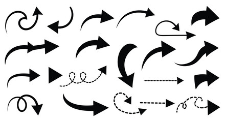 Collection of various black arrows on white background