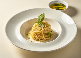 Delicious plate of fresh Italian spaghetti with tomato sauce and basil