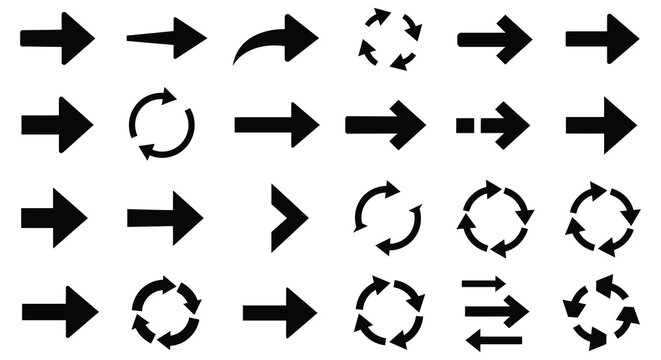 Collection of various black arrow icons on white background