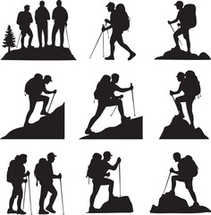 Obraz premium Hiking Silhouette Vector – Outdoor Adventure IllustrationHiker Silhouette Vector Bundle – Mountain and Trail DesignHiking Vector Illustration – Backpacking and Nature Silhouette Set