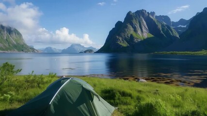 A tent on the shore of a mountain lake with a view of the mountains will convey the atmosphere of travel, camping, unity with nature, and outdoor adventures.
