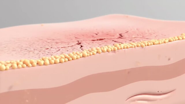 Soft medical animation of a skin barrier breaking under stress then repairing with ceramides as a calm shield forms and redness fades
