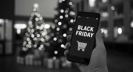 Black Friday Online Shopping with Christmas Tree Background