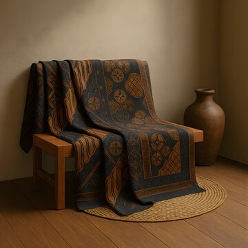 Batik Tulis Yogyakarta fabric draped on teakwood bench with kawung and parang motifs