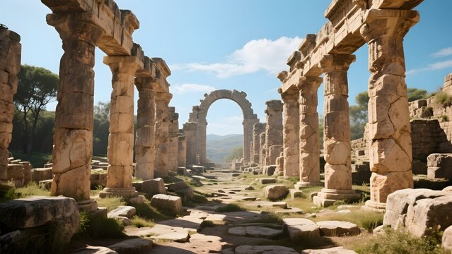 Ancient Ruins with Stone Columns and Archway Under a Clear Sky