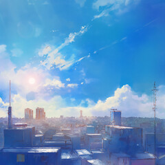 水彩画タッチの淡い色彩で描かれた大都市のパノラマビュー、遠くまで広がる青空と太陽が印象的な幻想的イラスト。抽象的表現で背景素材としても最適なデザイン。