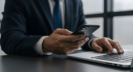 Businessman Multitasking: Laptop and Mobile Phone Use
