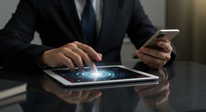 Businessman Using Digital Tablet and Smartphone for Business Solutions