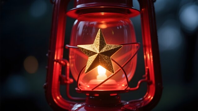 Red Lantern with Glowing Star Inside, Illuminated in Darkness