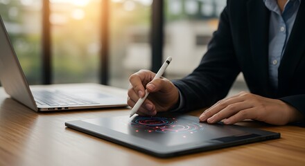 Businesswoman using digital tablet with stylus for work
