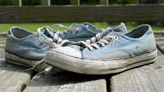 Distressed Light Blue Canvas Shoes with White Rubber Soles on Weathered Wood Planks Capturing Aged Blue Canvas Sneakers with Laces Set Against a Blurred Green Background on a Sunny Day