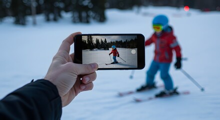 Child Skiing on Snowy Mountain, Photo Being Taken with Smartphone