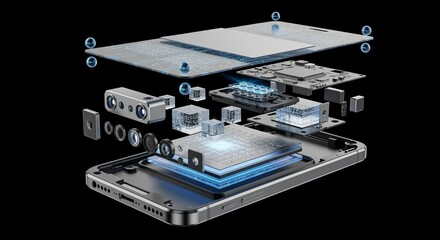 Exploded view of a smartphone showing internal components against a black background in a detailed render