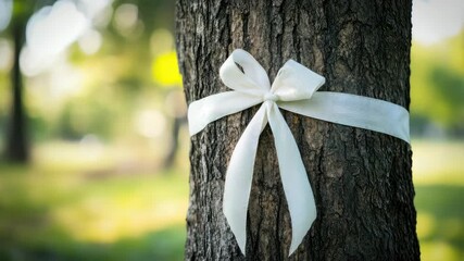 White ribbon tied around tree trunk in sunlit forest - Powered by Adobe