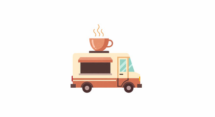 Coffee food truck with steaming cup on roof, vector illustration on white background