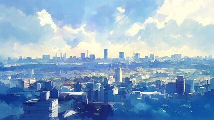 Obraz premium 広がる青空と太陽の光に照らされた大都市の景色を水彩画タッチで表現した幻想的なイラスト。透明感と柔らかさを兼ね備えたパノラマビューが印象的なアート背景デザイン。
