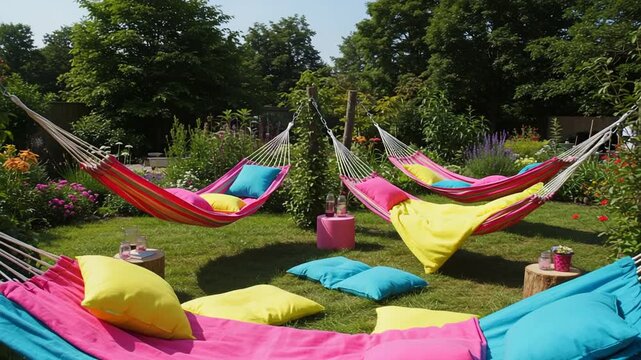 Colorful hammocks in a vibrant garden setting