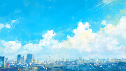 Obraz premium 広大な青空と明るい太陽に包まれた大都市の景観を水彩画独特の淡い色彩で描いたパノラマイラスト。抽象的でありながら爽快感を与える背景素材として汎用性の高いデザイン