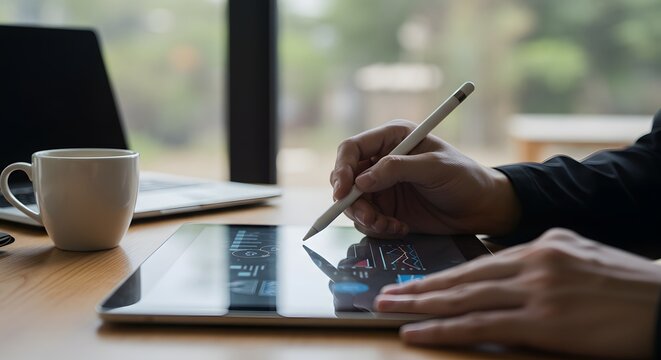 Digital Business Strategy: Man Working on Tablet with Stylus - Powered by Adobe