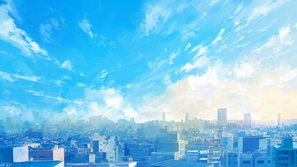 水彩画風のタッチで描かれた壮大な大都市のパノラマビュー、青空と太陽の光が優しく広がり街並みを照らす風景。透明感と柔らかい筆致で都会の魅力を幻想的に表現した背景イラスト。