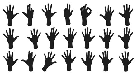 Collection of various black hand silhouettes with different gestures