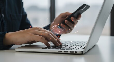 Digital Transformation: Man Using Laptop and Smartphone with Futuristic Interface