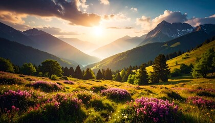 Fototapeta premium Sunset Mountain Meadow Flowers. (1)
