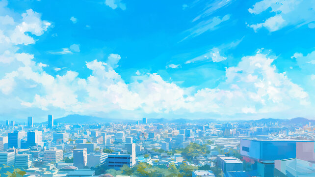 広大な青空と輝く太陽に包まれた大都市の景観を、水彩画独特の柔らかさで描いたパノラマビューイラスト。爽やかさと幻想的な雰囲気が融合した抽象的アート素材。