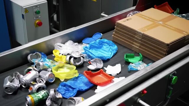 Top-down of recyclable materials sorted on a conveyor belt
