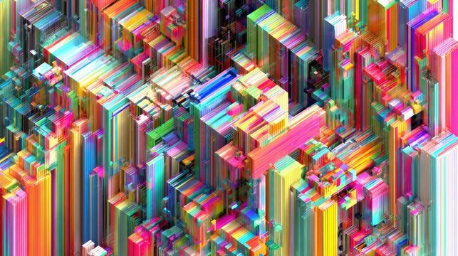 Vibrant, abstract, geometric composition of many colorful, overlapping cubes and rectangular prisms