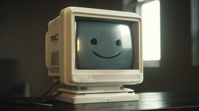 a retro computer with a smiley face displayed on its screen sitting on a table
