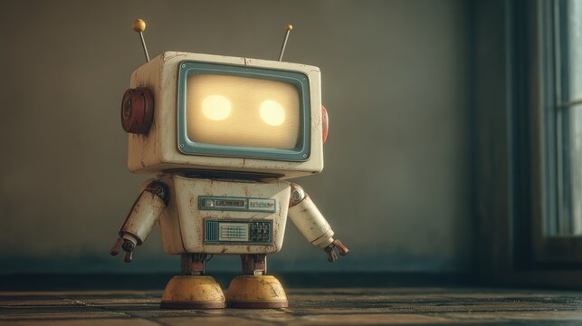 A cute retro robot stands in a room, reminiscent of vintage design with a screen-shaped head and antennae. Its design evokes feelings of nostalgia and technological wonder.