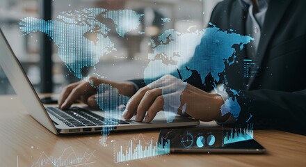 Global Business Analytics: Man Working on Laptop with World Map and Data Overlay
