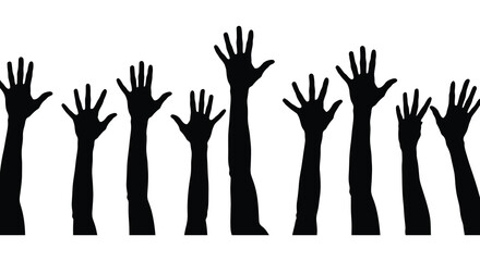Many raised hands in a crowd silhouette against a white background