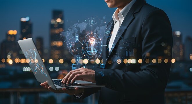 Global Business Technology: Man with Laptop and Futuristic Network Overlay - Powered by Adobe