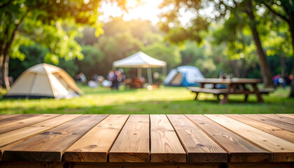 Wooden Table In The Foreground With Blurred Camping Site And Park Background During The Sunny Day