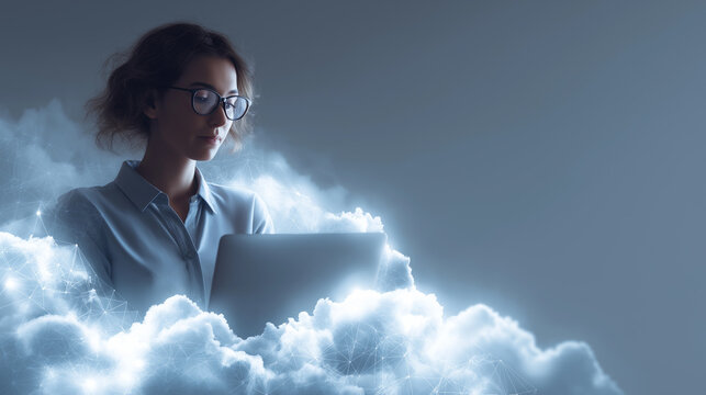 Professional woman working on laptop surrounded by glowing cloud computing icons
