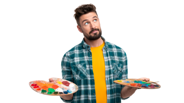 Man artist with two paint palettes contemplating colors