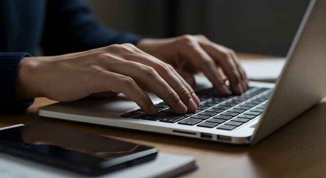 Hands Typing on Laptop Keyboard - Close Up, Business and Technology
