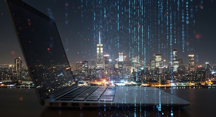 Laptop with Cityscape and Digital Binary Code Overlay