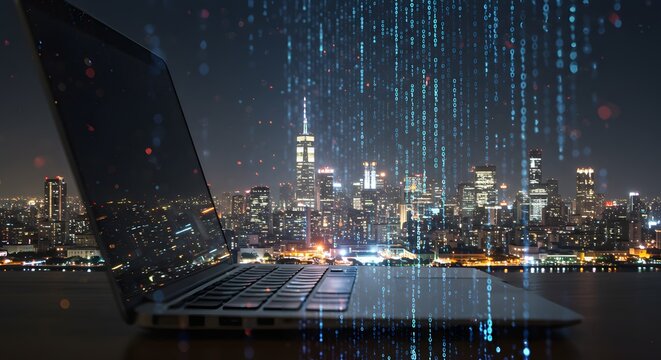 Laptop with Cityscape and Digital Binary Code Overlay