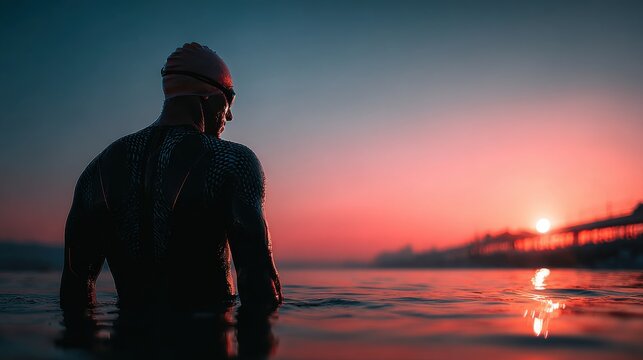 Person silhouette of a swimmer at the beach in the sunset - Powered by Adobe