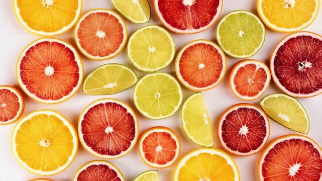Top-down shot of assorted sliced citrus arranged in a colorful pattern