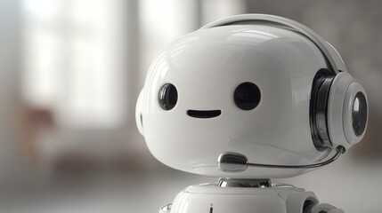 a friendly-looking robot wearing headset looking towards the camera in close up shot. The robot has big eyes and it looks approachable and friendly